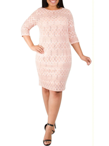 Cream Pink ¾ Length Sleeve Boat Neck Plus Size Lace Dress