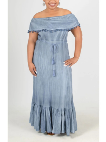 Denim Blue Strapless Ball Fringe Plus Size Maxi Dress with Adjustable Tie Waist