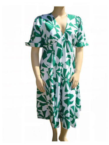 Green and White Cotton Print Dress
